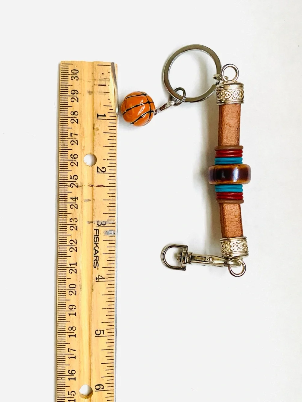 Leather Bead Keychain with Orange Basketball Charm